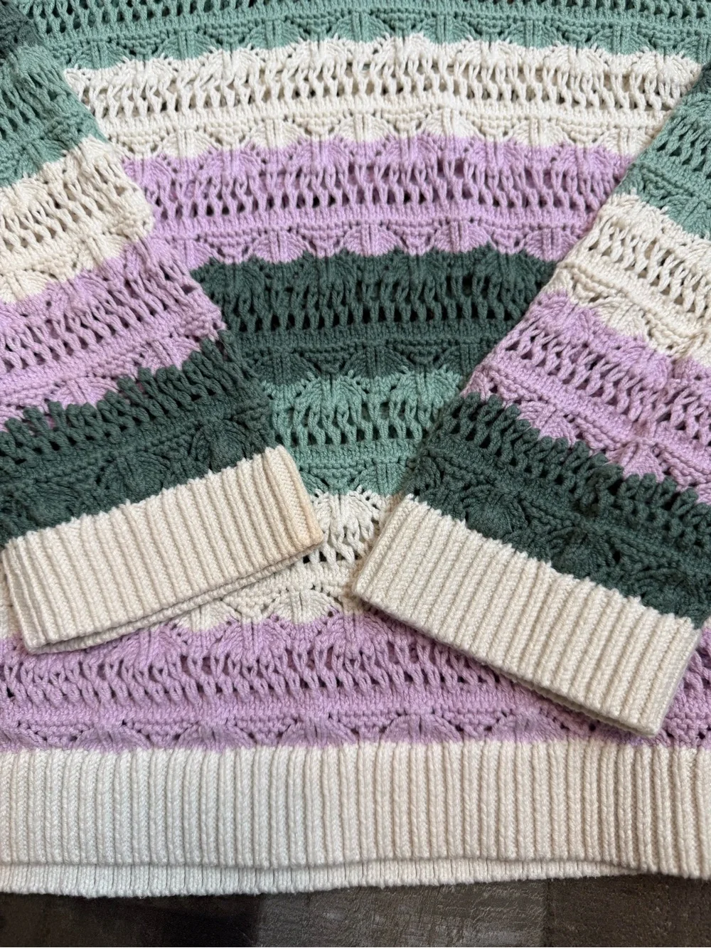 LOFT Striped Open-Knit V-Neck Sweater in Lavender, Green & White size Medium